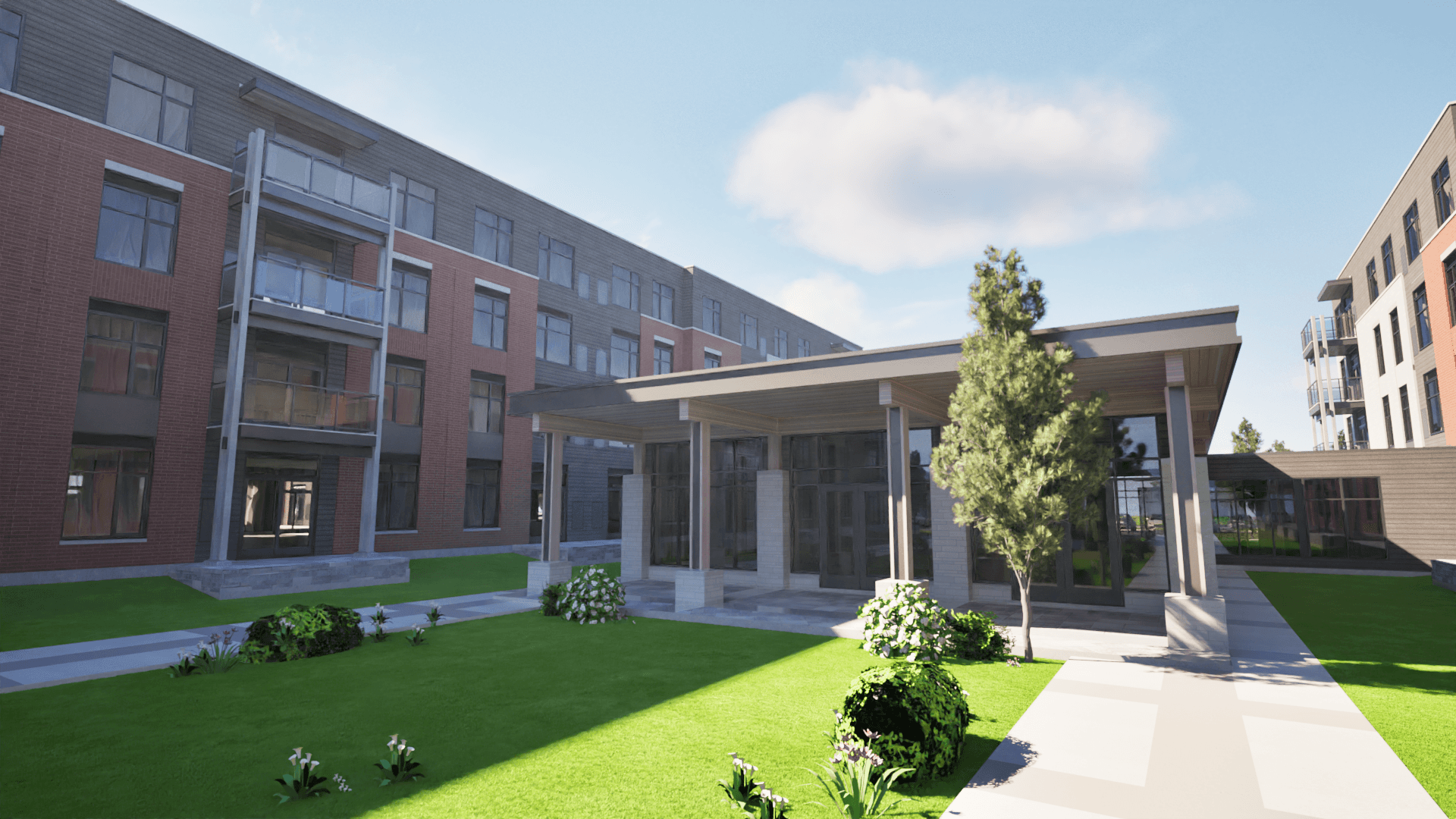 Modern brick apartment exterior with courtyard landscaping
